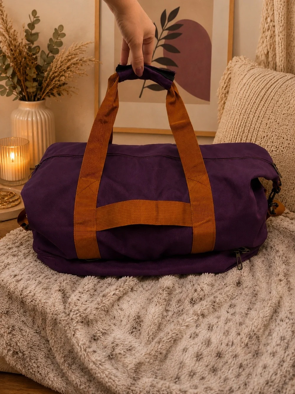 purple travel duffel duffle bag with tan handles